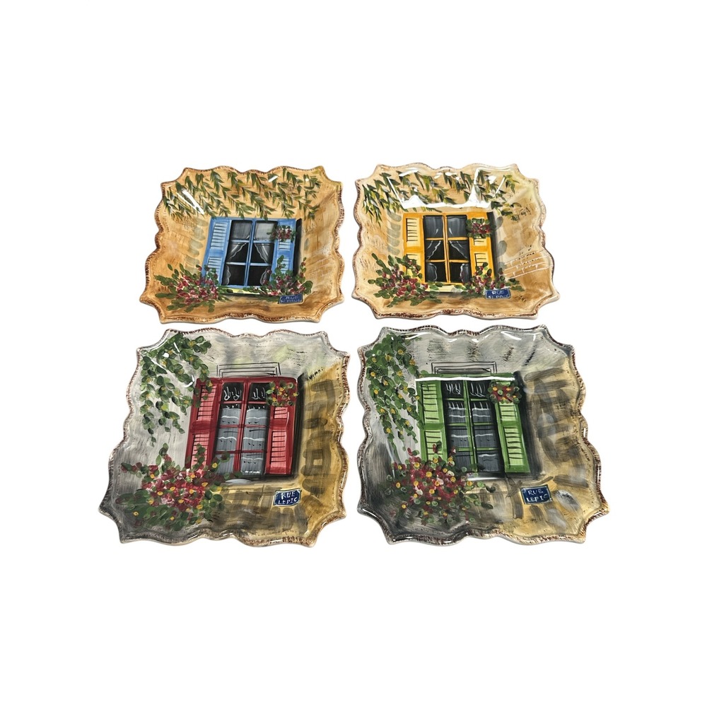 Rue de Paris Hand Painted Ceramic Appetizer Plates Set of 4 French Window 8in